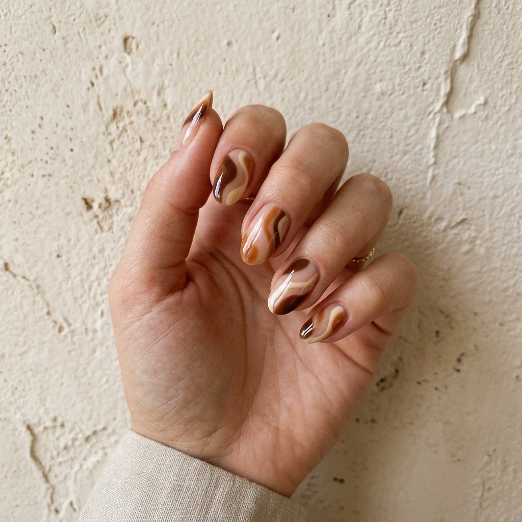 Warm Brown Abstract Nail Ideas