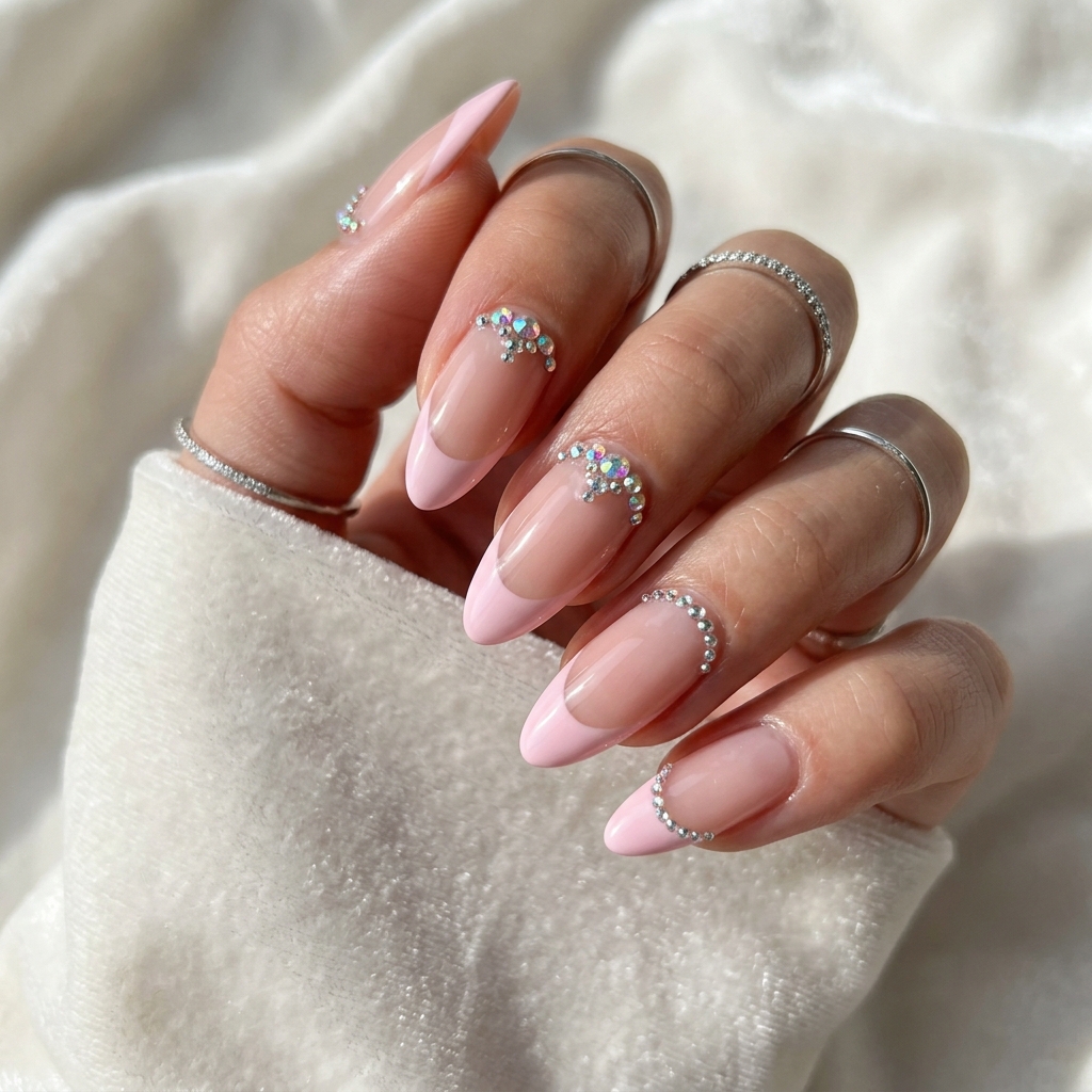 Pink French Nails with Rhinestones Ideas