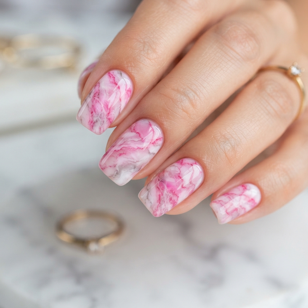 Best 30 Bright Pink Nails Ideas for Every Season and Style 11 Pink and White Marble Ideas
