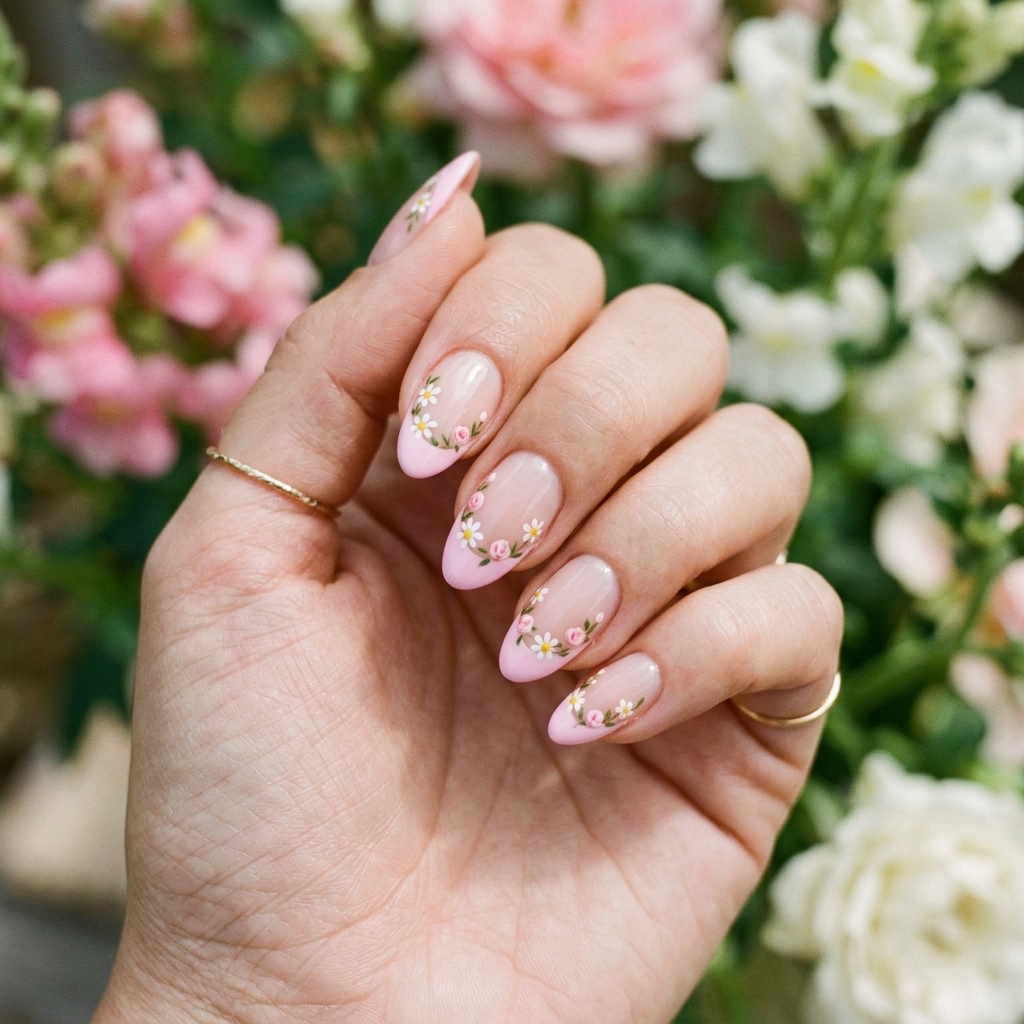 Pink French Floral Nail Art Ideas