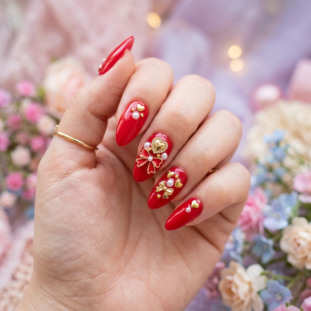 Red Acrylic Nails with Charms Ideas