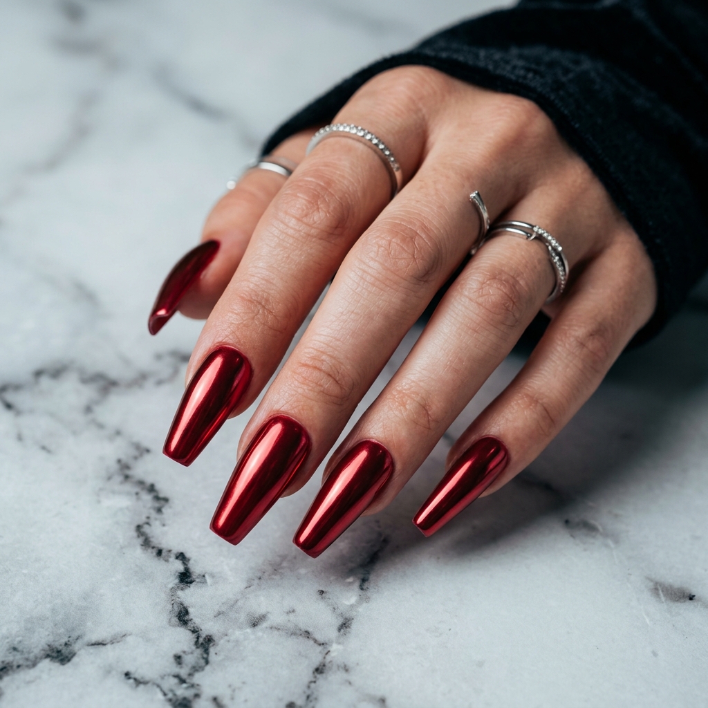 Coffin Red Chrome Nails Ideas
