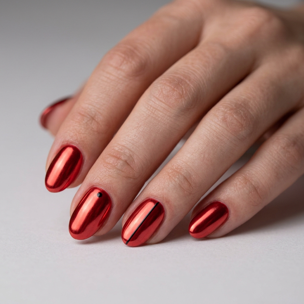 Red Chrome Nails With Minimalist Art Ideas