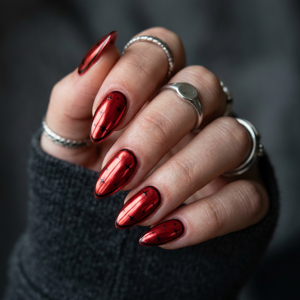 Red Chrome Nails With Black Accents Ideas