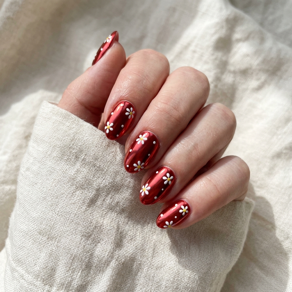 Red Chrome Nails With White Details Ideas