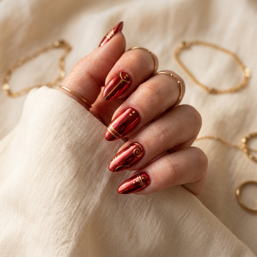 Red Chrome Nails With Gold Accents Ideas