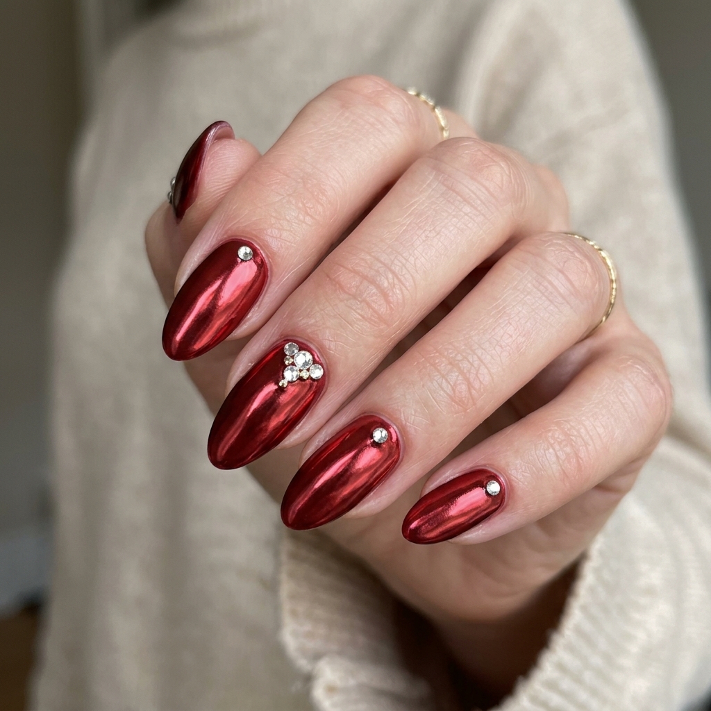 Red Chrome Nails With Rhinestones Ideas