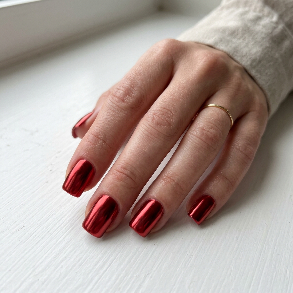 Square Red Chrome Nails Ideas