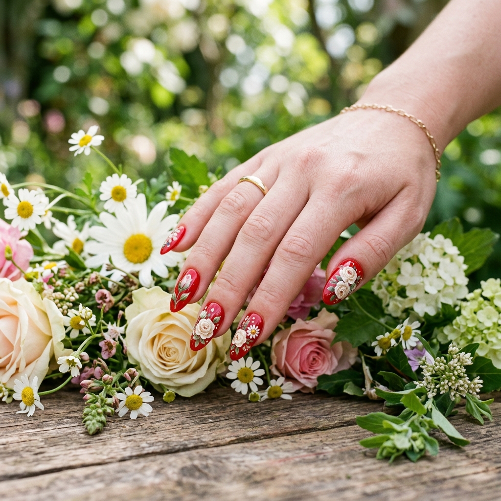 Red Floral Acrylic Nails Ideas