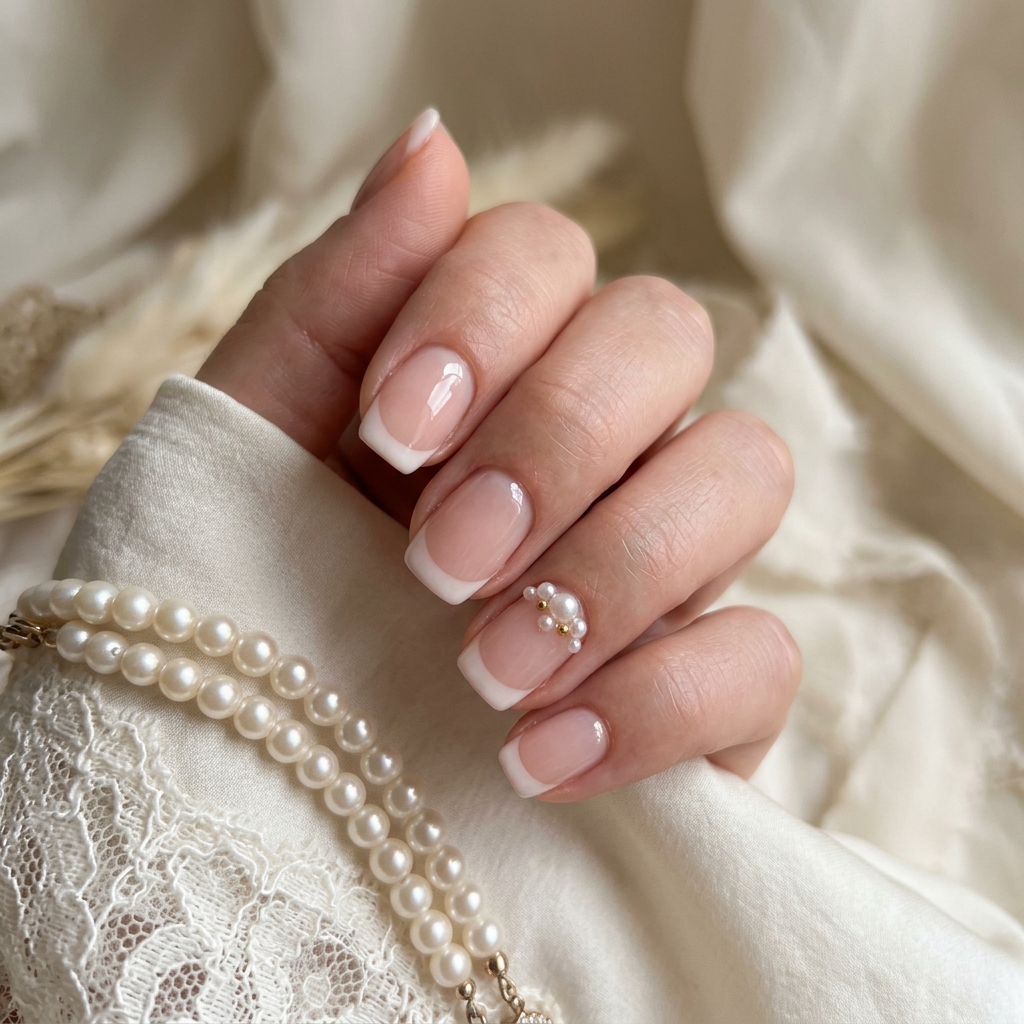 30 Short French Tip Acrylic Nails Ideas You'll Want to Save 26 Pearl Accent Short French Tip Acrylic Nails Ideas