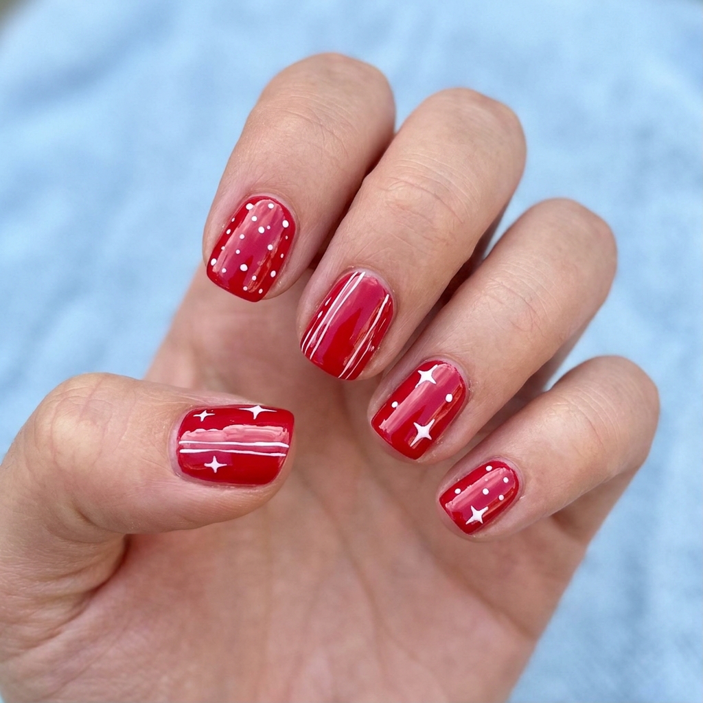 Short Red Nails with White Details Ideas