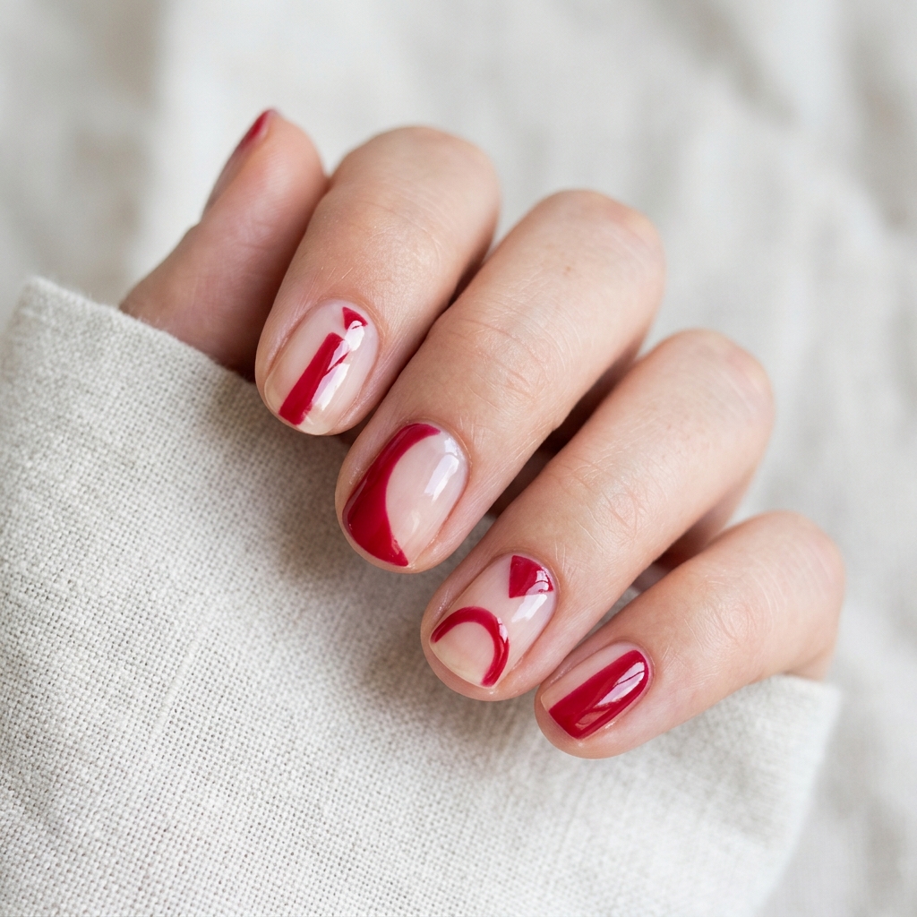 Short Red Nails with Negative Space Ideas