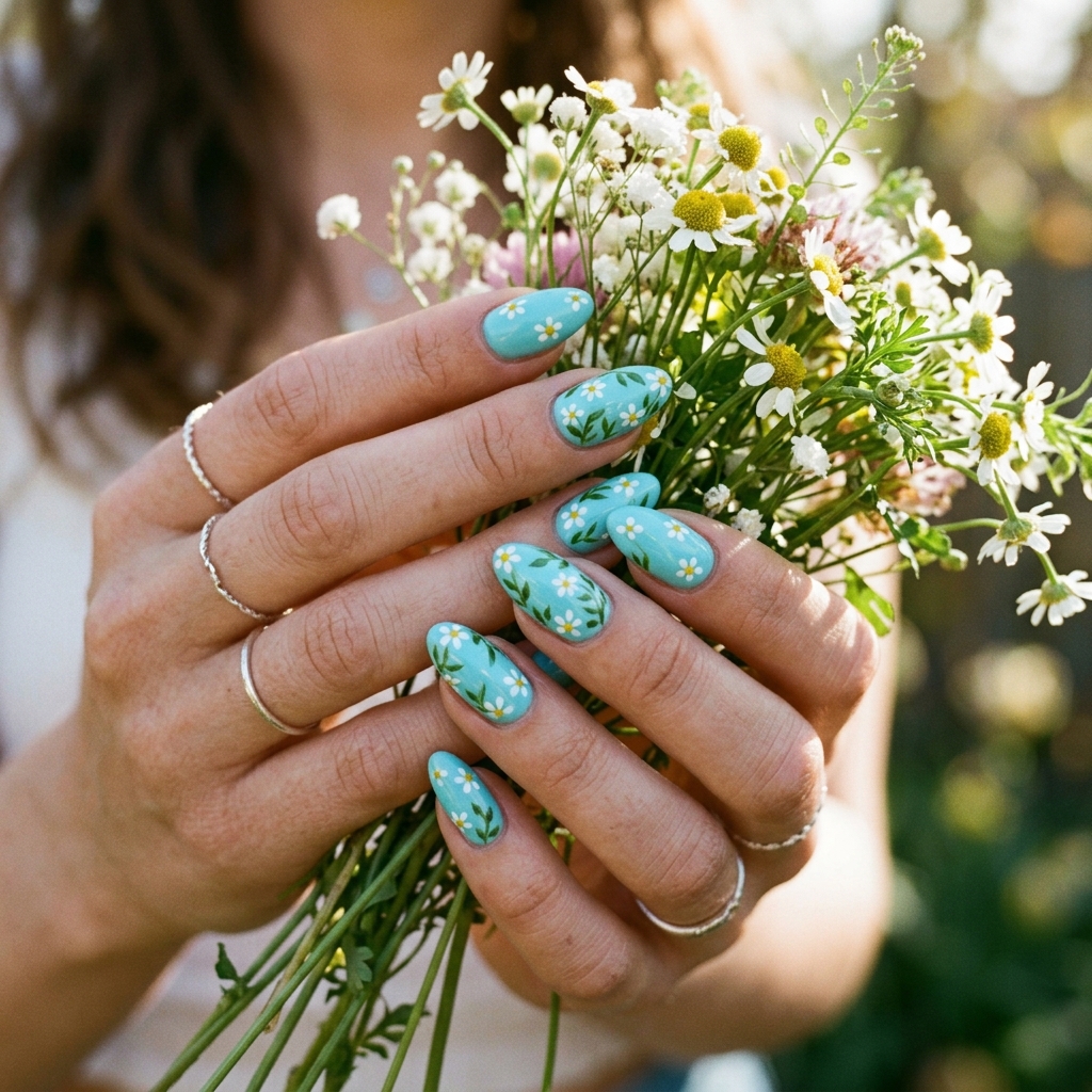 Tiffany Blue Floral Nail Ideas