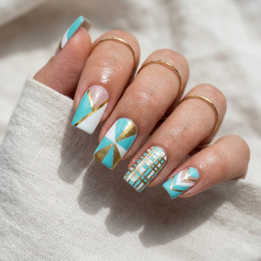 Tiffany Blue Geometric Nail Ideas